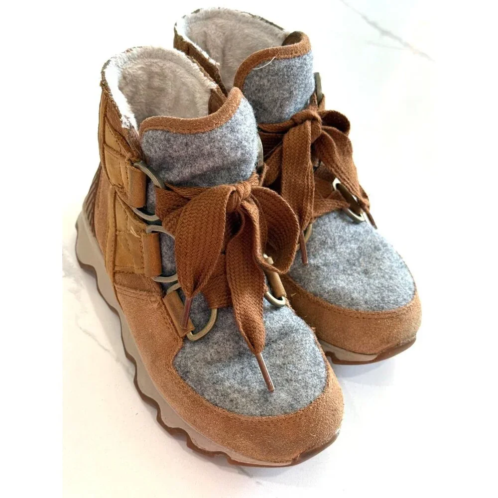 Sorel‎ Womens Kinetic Leather Ankle Boots Fur Lining Rubber Size 5 Brown Suede